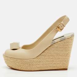 Pre Owned Louis Vuitton Cream Leather Gossip Cube Espadrille Wedge Slingback Pumps Size 38.5