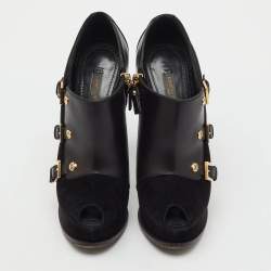 Pre Owned Louis Vuitton Black Suede and Leather Peep Toe Platform Booties Size 36