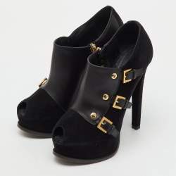 Pre Owned Louis Vuitton Black Suede and Leather Peep Toe Platform Booties Size 36