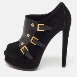 Pre Owned Louis Vuitton Black Suede and Leather Peep Toe Platform Booties Size 36