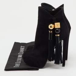 Pre Owned Louis Vuitton Black Suede Tassel Peep Toe Platform Ankle Booties Size 36