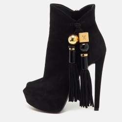 Pre Owned Louis Vuitton Black Suede Tassel Peep Toe Platform Ankle Booties Size 36