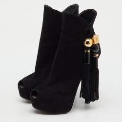 Pre Owned Louis Vuitton Black Suede Tassel Peep Toe Platform Ankle Booties Size 36