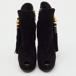 Pre Owned Louis Vuitton Black Suede Tassel Peep Toe Platform Ankle Booties Size 36