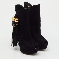 Pre Owned Louis Vuitton Black Suede Tassel Peep Toe Platform Ankle Booties Size 36