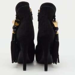 Pre Owned Louis Vuitton Black Suede Tassel Peep Toe Platform Ankle Booties Size 36