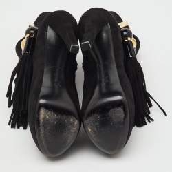 Pre Owned Louis Vuitton Black Suede Tassel Peep Toe Platform Ankle Booties Size 36