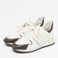 Pre Owned Louis Vuitton White/Brown Monogram Canvas And Leather Runaway Lace Up Sneakers Size 38.5