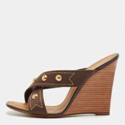 Pre Owned Louis Vuitton Brown Studded Canvas Cross Strap Wedge Sandals Size 39.5