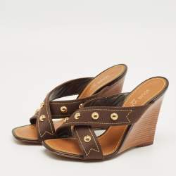 Pre Owned Louis Vuitton Brown Studded Canvas Cross Strap Wedge Sandals Size 39.5