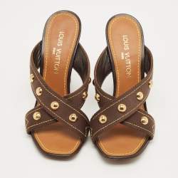 Pre Owned Louis Vuitton Brown Studded Canvas Cross Strap Wedge Sandals Size 39.5