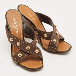 Pre Owned Louis Vuitton Brown Studded Canvas Cross Strap Wedge Sandals Size 39.5