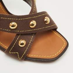 Pre Owned Louis Vuitton Brown Studded Canvas Cross Strap Wedge Sandals Size 39.5