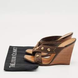 Pre Owned Louis Vuitton Brown Studded Canvas Cross Strap Wedge Sandals Size 39.5