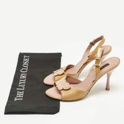 Pre Owned Louis Vuitton Beige Patent Leather Logo Slingback Sandals Size 36.5