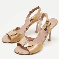Pre Owned Louis Vuitton Beige Patent Leather Logo Slingback Sandals Size 36.5