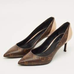 Pre Owned Louis Vuitton Brown/Beige Monogram Coated Canvas and Patent Leather Chérie Pumps Size 37