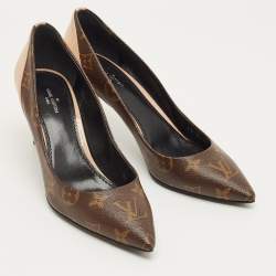 Pre Owned Louis Vuitton Brown/Beige Monogram Coated Canvas and Patent Leather Chérie Pumps Size 37