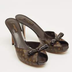 Pre Owned Louis Vuitton Brown Monogram Canvas And Patent Leather Malibu Slides Sandals Size 38