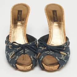 Pre Owned Louis Vuitton Blue Denim Malibu Slide Sandals Size 38.5