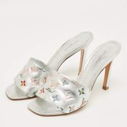 Pre Owned Louis Vuitton Silver Monogram Embellish Leather Revival Slide Sandals Size 39