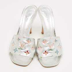 Pre Owned Louis Vuitton Silver Monogram Embellish Leather Revival Slide Sandals Size 39