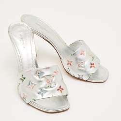 Pre Owned Louis Vuitton Silver Monogram Embellish Leather Revival Slide Sandals Size 39