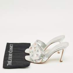 Pre Owned Louis Vuitton Silver Monogram Embellish Leather Revival Slide Sandals Size 39