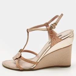 Pre Owned Louis Vuitton Pink Crocodile Leather and Lizard Leather Butterfly Wedge Sandals Size 38.5