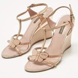 Pre Owned Louis Vuitton Pink Crocodile Leather and Lizard Leather Butterfly Wedge Sandals Size 38.5