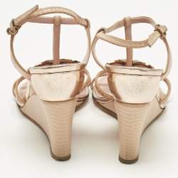 Pre Owned Louis Vuitton Pink Crocodile Leather and Lizard Leather Butterfly Wedge Sandals Size 38.5