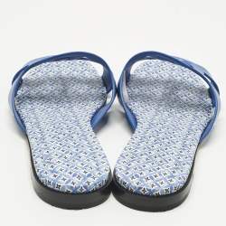 Pre Owned Louis Vuitton Blue Leather LV Isola Flat Slides Size 39