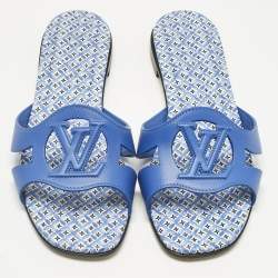 Pre Owned Louis Vuitton Blue Leather LV Isola Flat Slides Size 39