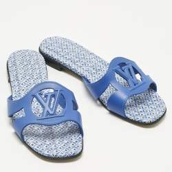 Pre Owned Louis Vuitton Blue Leather LV Isola Flat Slides Size 39