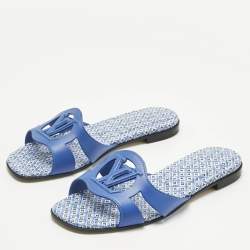 Pre Owned Louis Vuitton Blue Leather LV Isola Flat Slides Size 39