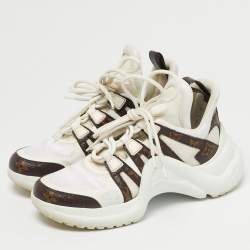 Pre Owned Louis Vuitton White/Brown Monogram Canvas and Mesh Archlight Lace Up Sneakers Size 37.5