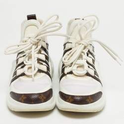 Pre Owned Louis Vuitton White/Brown Monogram Canvas and Mesh Archlight Lace Up Sneakers Size 37.5