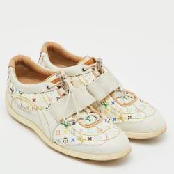 Pre Owned Louis Vuitton White Leather and Multicolor Monogram Canvas Lace Up Sneakers Size 38.5
