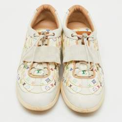 Pre Owned Louis Vuitton White Leather and Multicolor Monogram Canvas Lace Up Sneakers Size 38.5