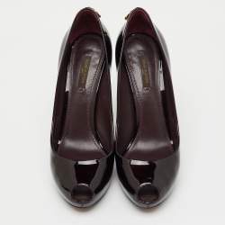Pre Owned Louis Vuitton Dark Brown Patent Leather Oh Really! Peep Toe Platform Pumps Size 37.5