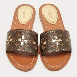 Pre Owned Louis Vuitton Monogram Canvas Lock It Flat Slides Size 38