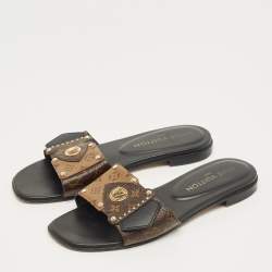 Pre Owned Louis Vuitton Brown Monogram Canvas and Leather LV Frame Flat Slide Size 37