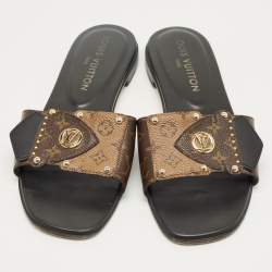 Pre Owned Louis Vuitton Brown Monogram Canvas and Leather LV Frame Flat Slide Size 37