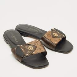 Pre Owned Louis Vuitton Brown Monogram Canvas and Leather LV Frame Flat Slide Size 37