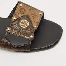Pre Owned Louis Vuitton Brown Monogram Canvas and Leather LV Frame Flat Slide Size 37