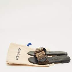 Pre Owned Louis Vuitton Brown Monogram Canvas and Leather LV Frame Flat Slide Size 37