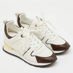 Pre Owned Louis Vuitton White Leather, Mesh and Monogram Canvas Run Away Sneakers Size 37.5