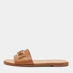 Pre Owned Louis Vuitton Brown Leather Lock It Flat Sandals Size 39