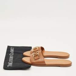 Pre Owned Louis Vuitton Brown Leather Lock It Flat Sandals Size 39