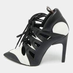 Pre Owned Louis Vuitton Black/White Cutout Leather Lace Up Booties Size 38